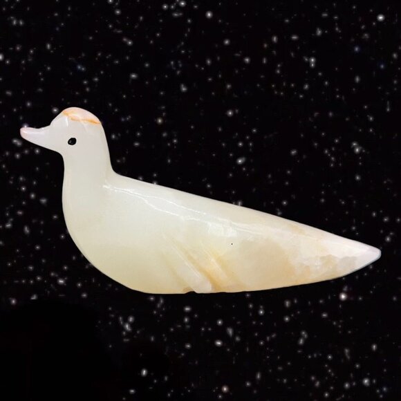 Marble Hand Carved Stone Bird With Black Eyes Vintage Figurine 6”W 2.5”T - Picture 1 of 11